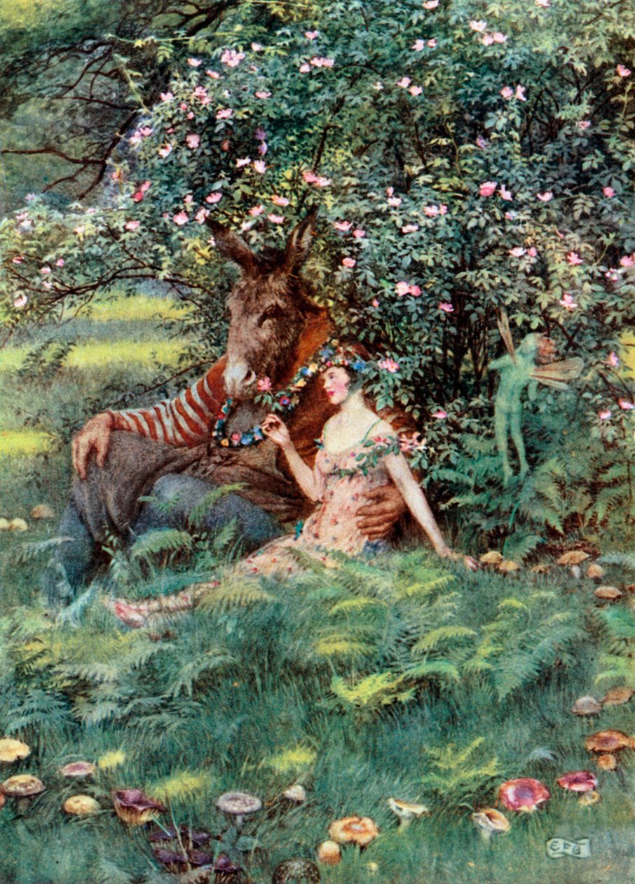 Bottom y Titania. Shakespeare. Sueño de una noche de verano (litografía en color) de Eleanor Fortescue-Brickdale