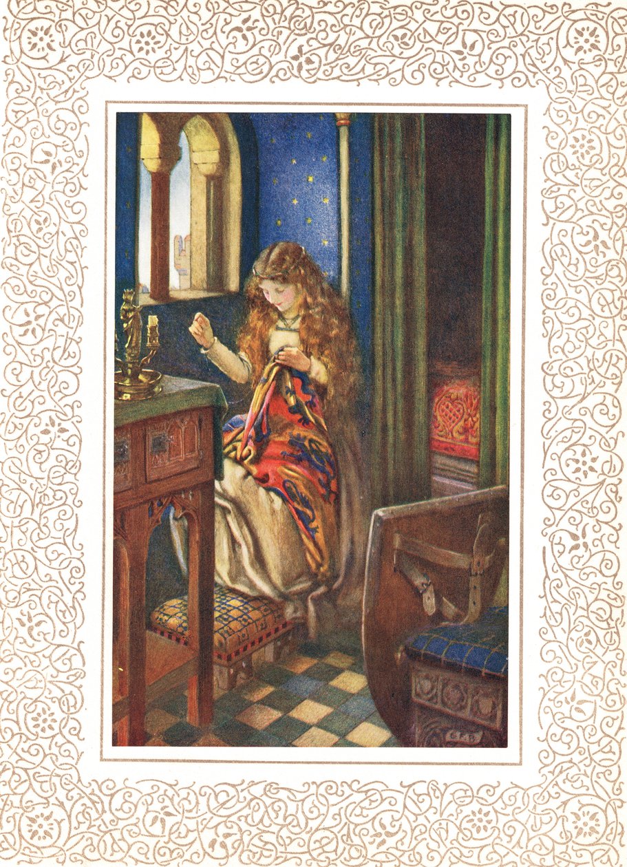 La doncella del lirio de Astolat, también conocida como la Dama de Shalott, ilustración de "Idilios del Rey" de Alfred Tennyson (1809-92), publicada por Hodder & Stoughton de Eleanor Fortescue Brickdale