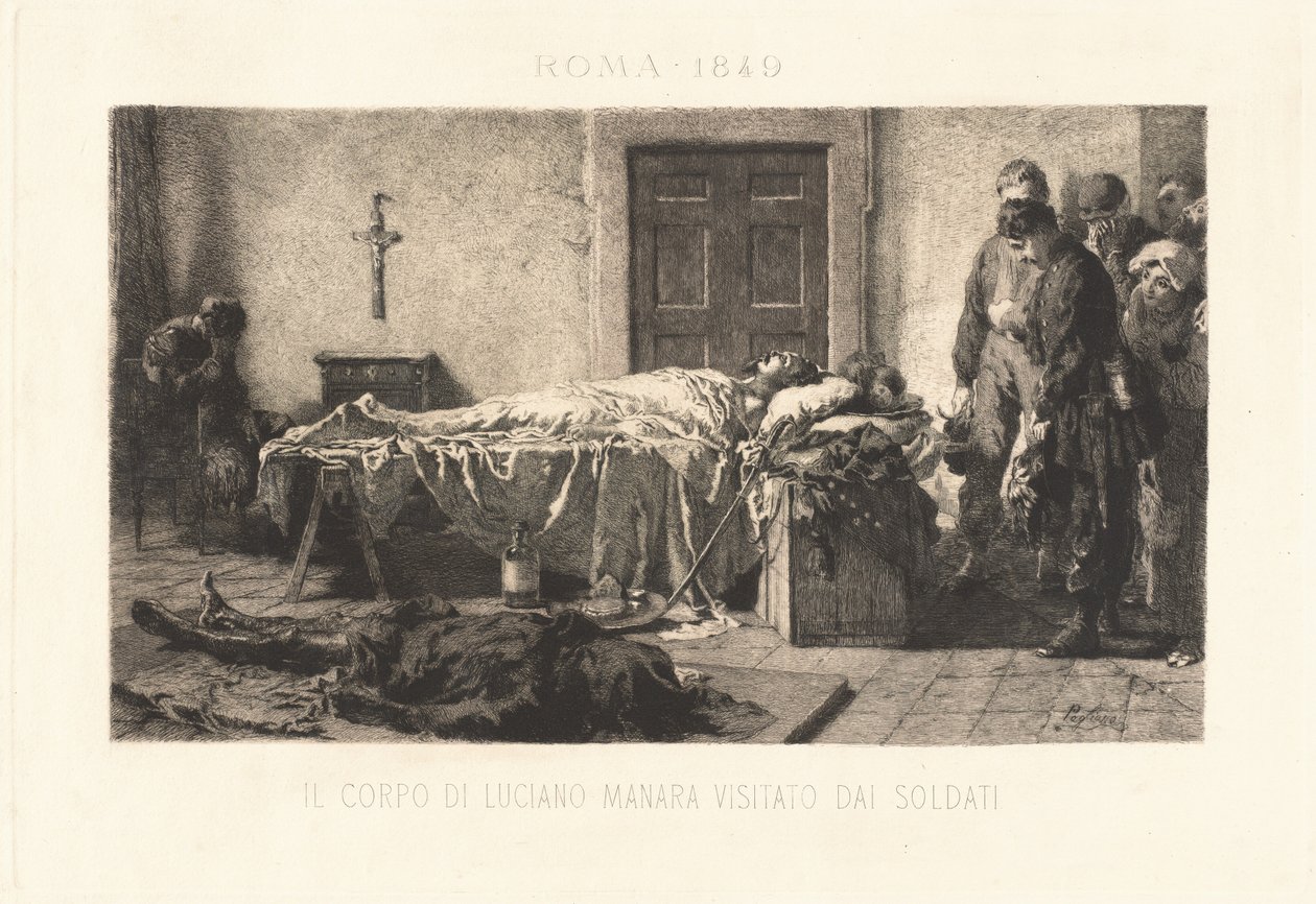 El cuerpo de Luciano Manara visitado por soldados de Eleuterio Pagliano