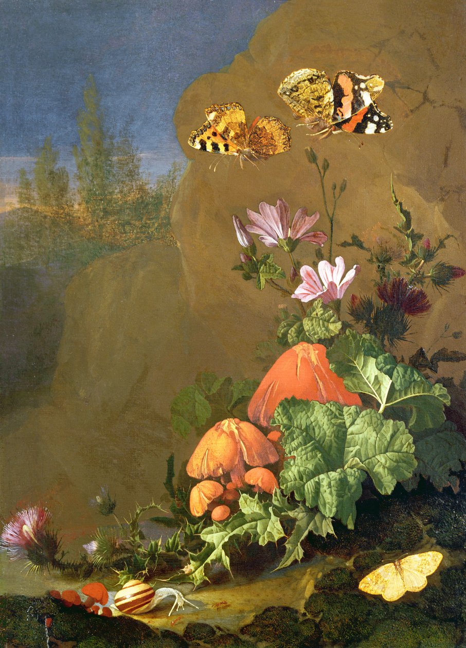 Naturaleza muerta del suelo del bosque con flores, hongos y caracoles de Elias van den Broeck