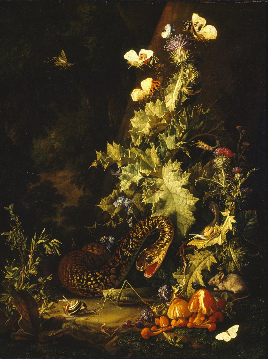 Naturaleza muerta con una serpiente de Elias van den Broeck
