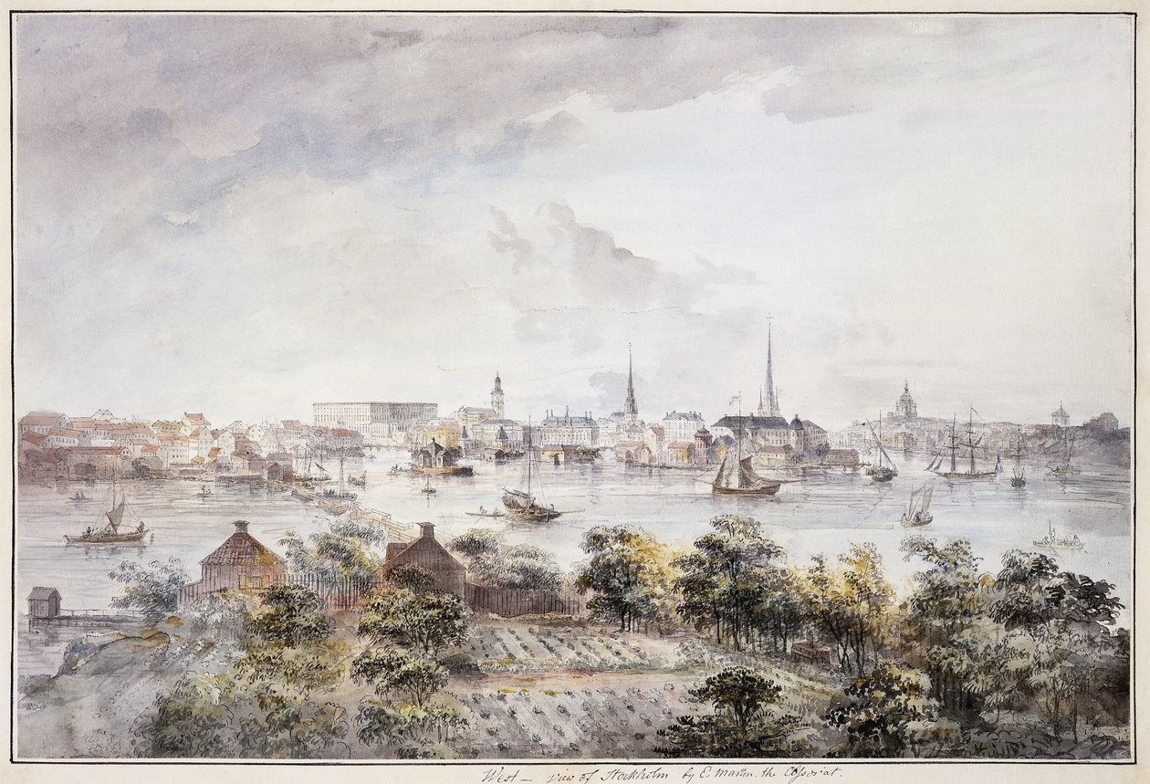 Vista de Estocolmo desde Kungsholmen con el Palacio Real y Storkyrkan, Tyskakyrkan, Katarinakyrka y Riddarholmskyrkan de Elias Martin