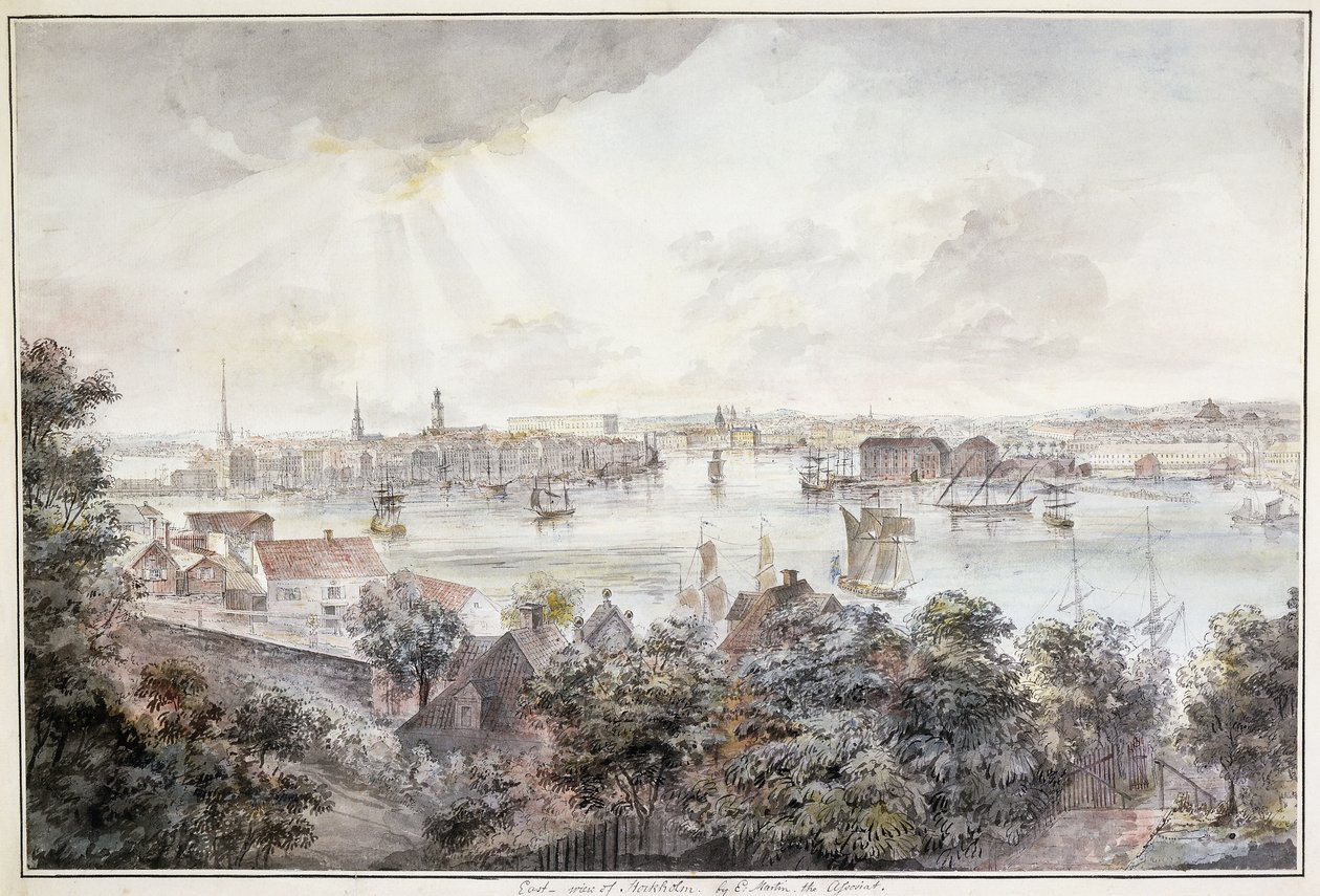 Una vista de Estocolmo desde Söder con el Palacio Real, Storkyrkan, Riddarholmskykan y Tyska kyrkan de Elias Martin