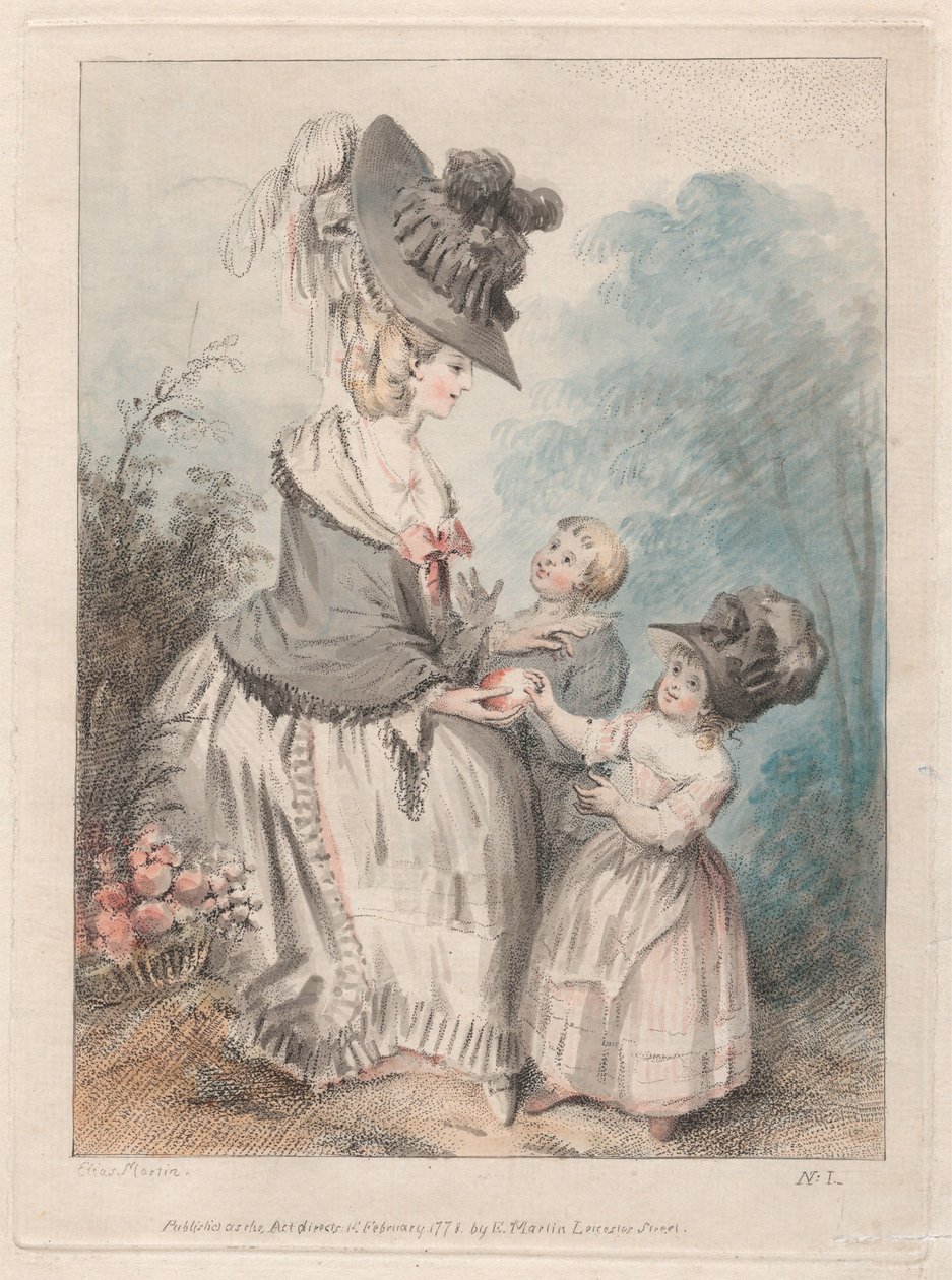 Dama con un niño y una niña en un jardín de Elias Martin