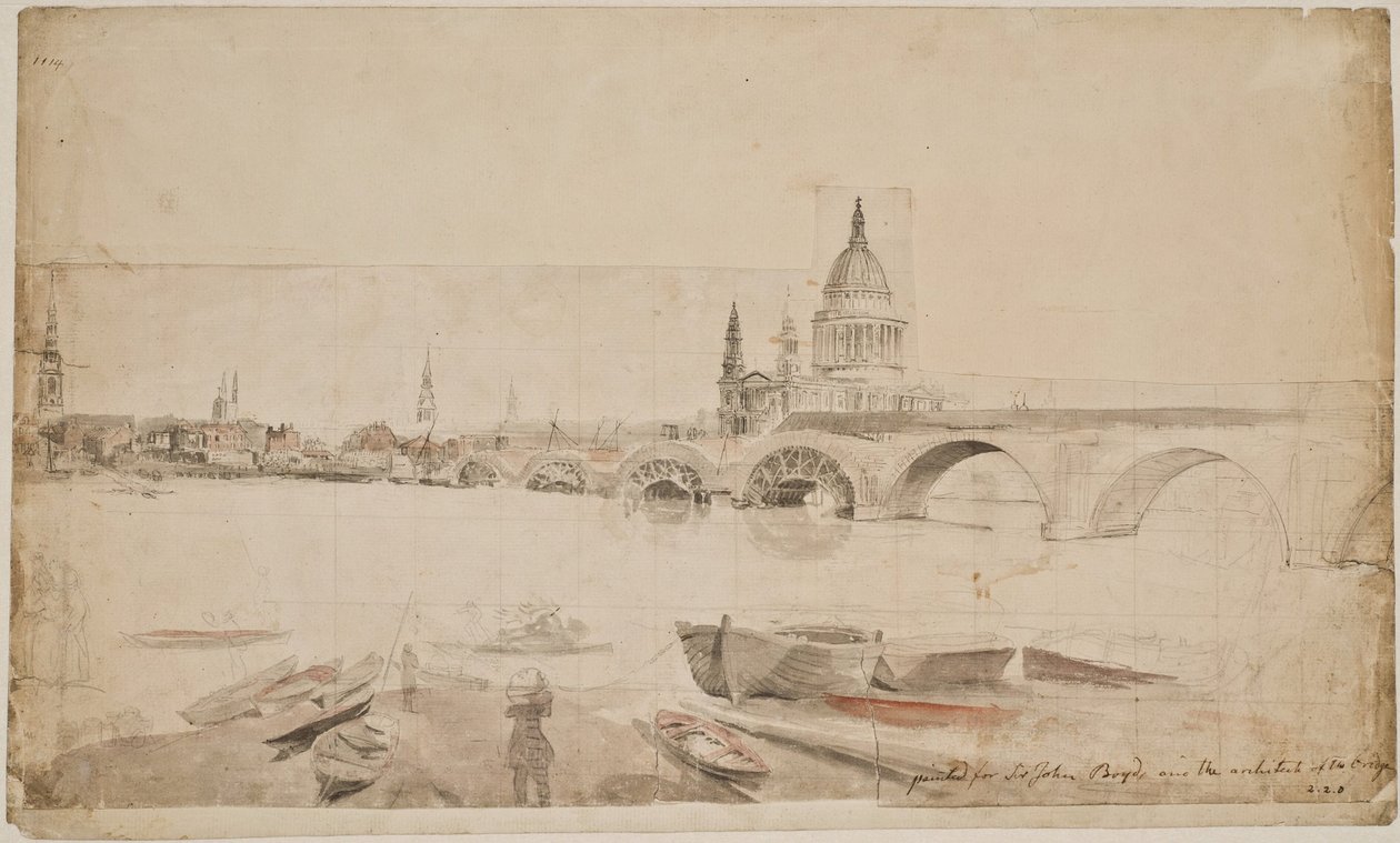El Puente de Londres y la catedral de San Pablo, vistos desde la orilla del Támesis de Elias Martin