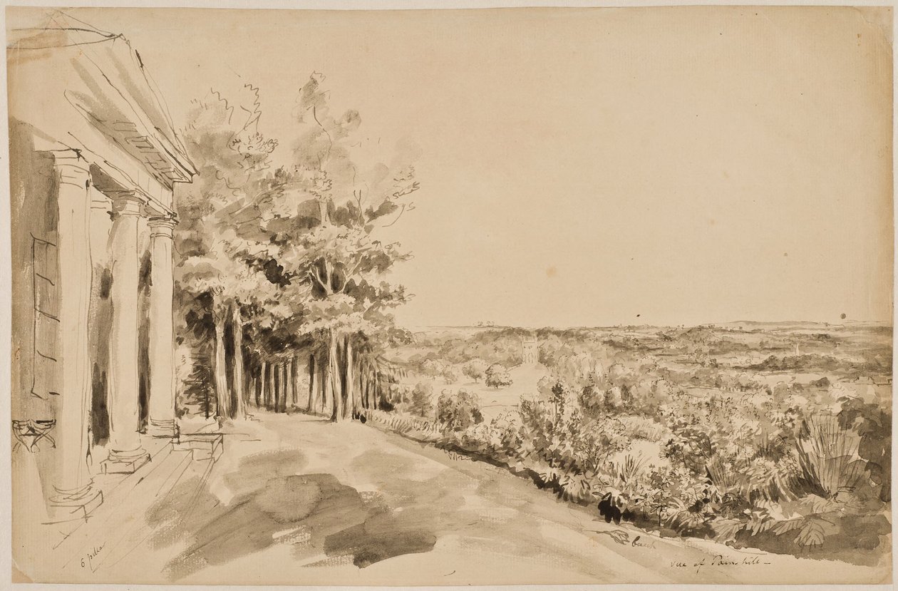 Vista del Templo de Baco, con el Templo Gótico al fondo, en Painshill de Elias Martin