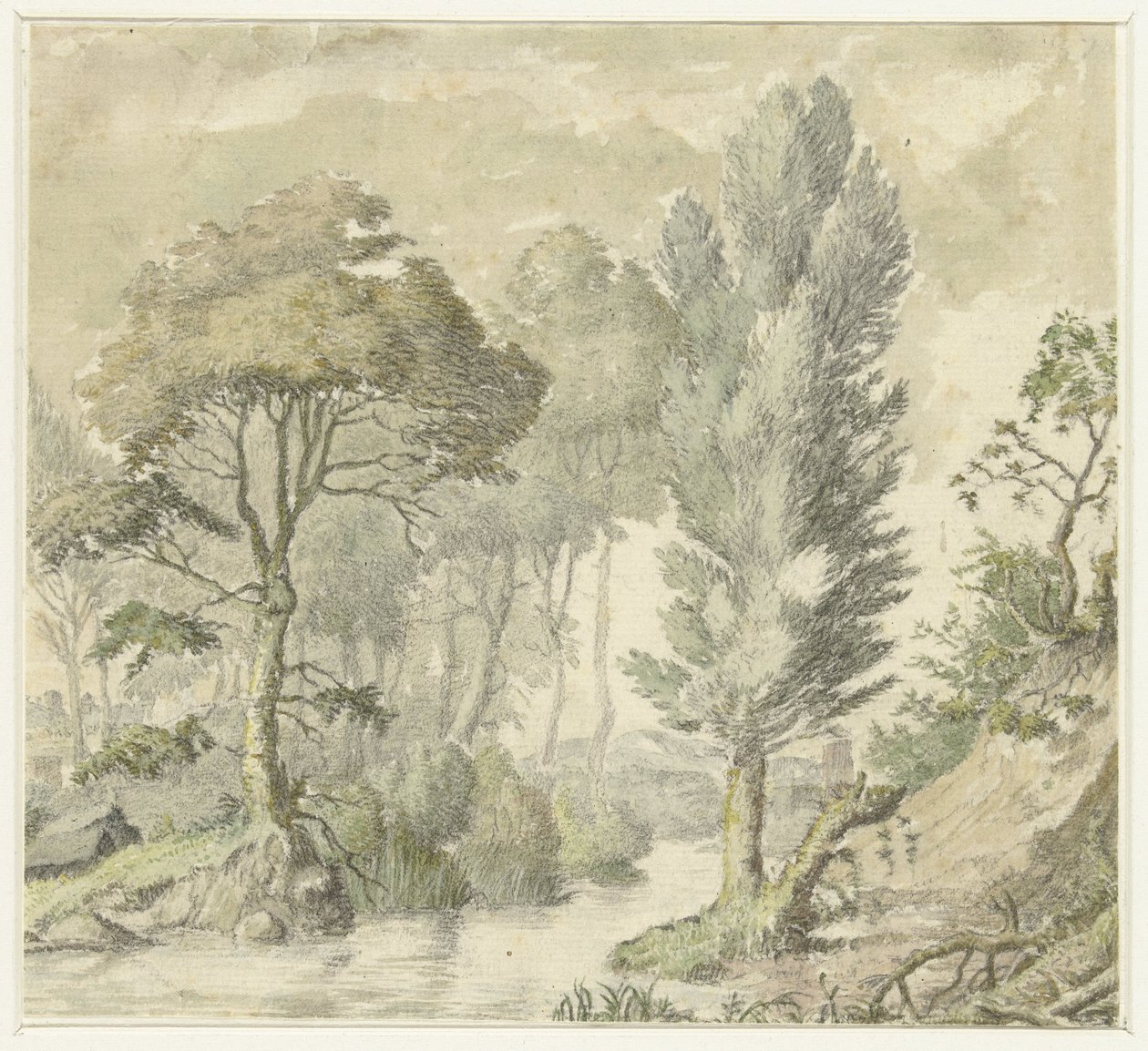 Paisaje forestal con una colina a la derecha y agua en el centro de Elias van Nijmegen
