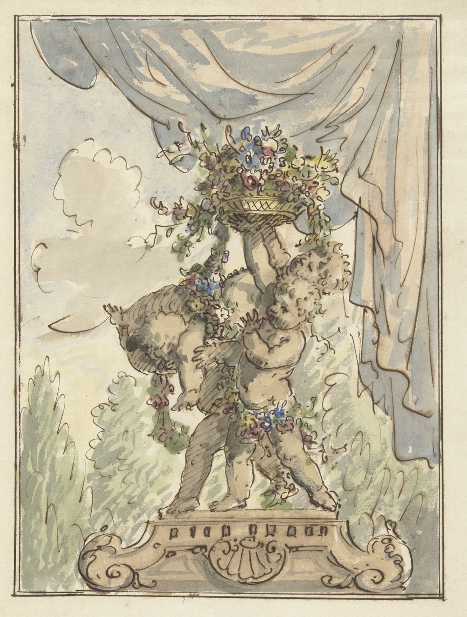 Tres putti con una cesta de flores de Elias van Nijmegen