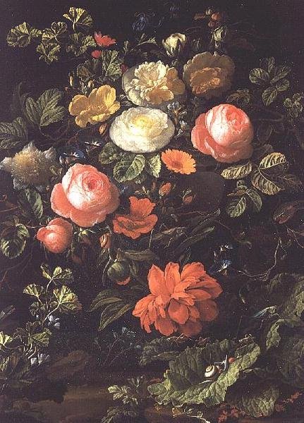 Naturaleza Muerta con Rosas, Insectos y Caracoles de Elias van den Broeck