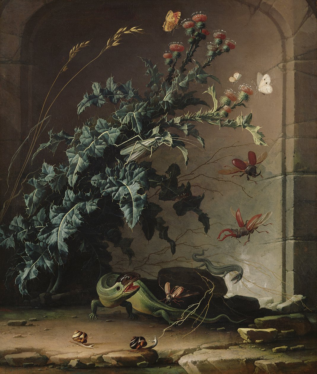 Nichos de piedra con cardo, lagarto e insectos, 1690 de Elias van den Broeck