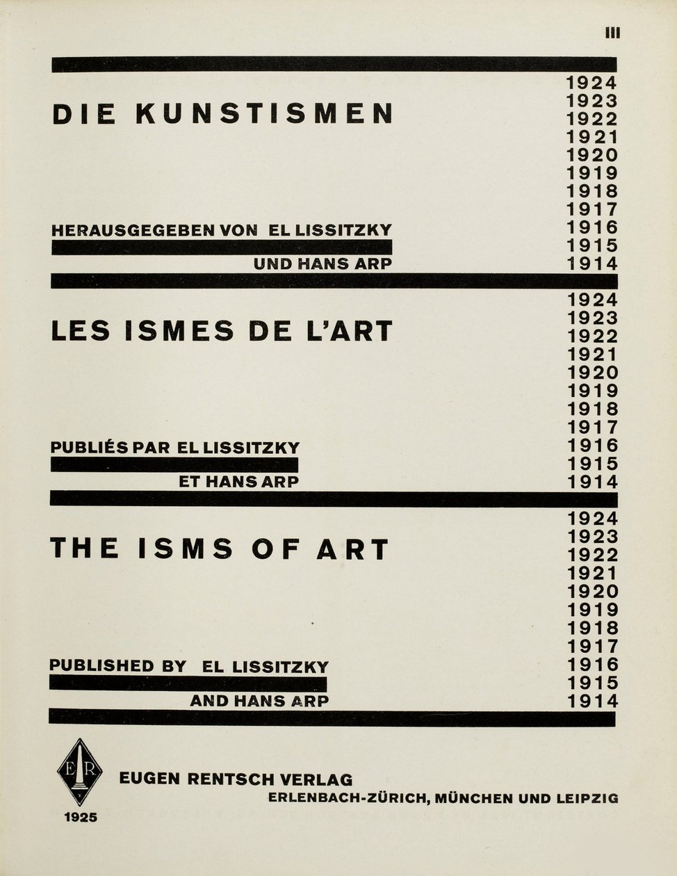 Página del título: Die Kunstismen. Los ismos del arte por El Lissitzky y Hans Arp, 1925 de Eliezer Markowich Lissitzky