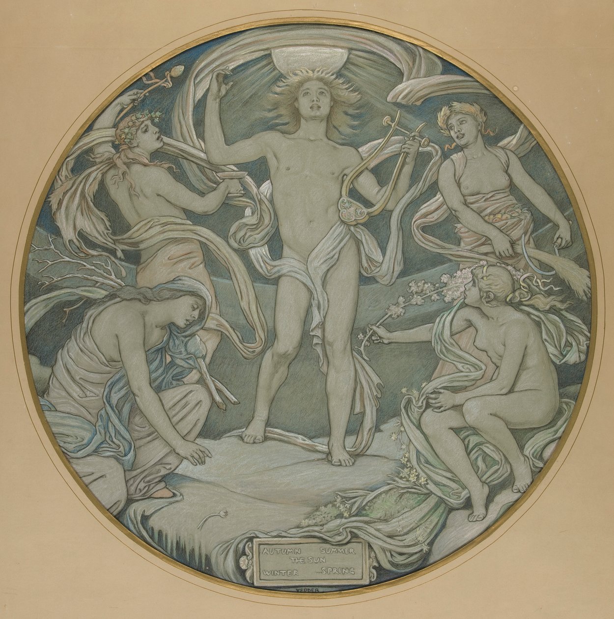 Caricatura para el techo del círculo central de Huntington: Apolo y asistentes de Elihu Vedder