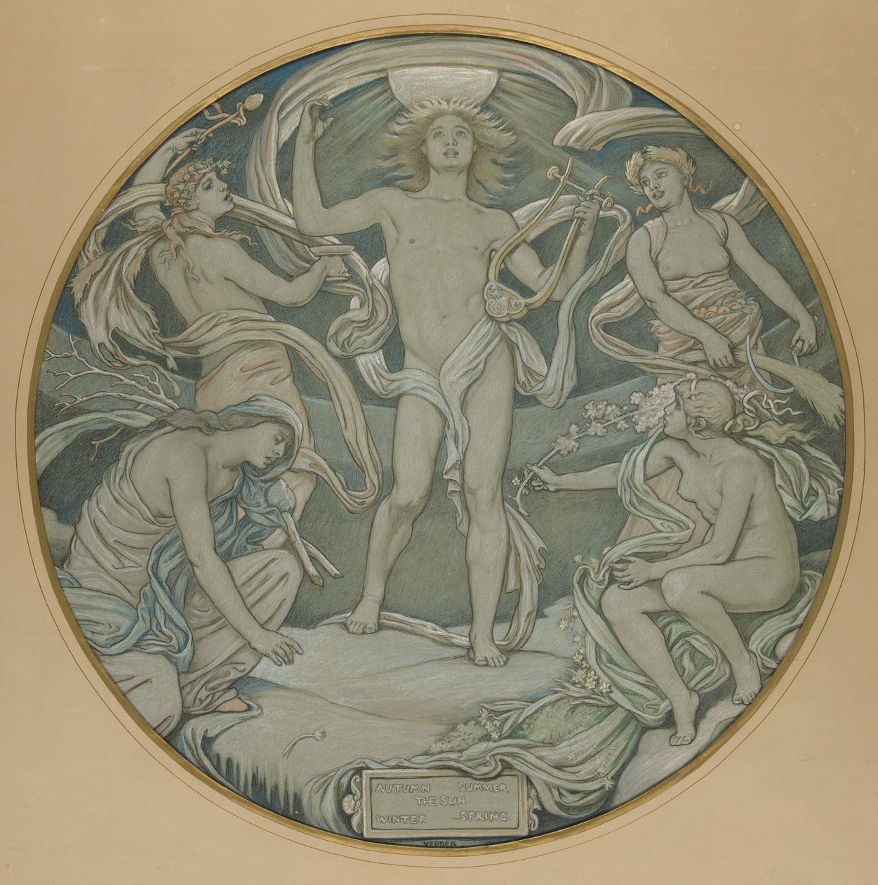 Dibujo para el círculo central del techo de Huntington: Apolo y sus acompañantes de Elihu Vedder