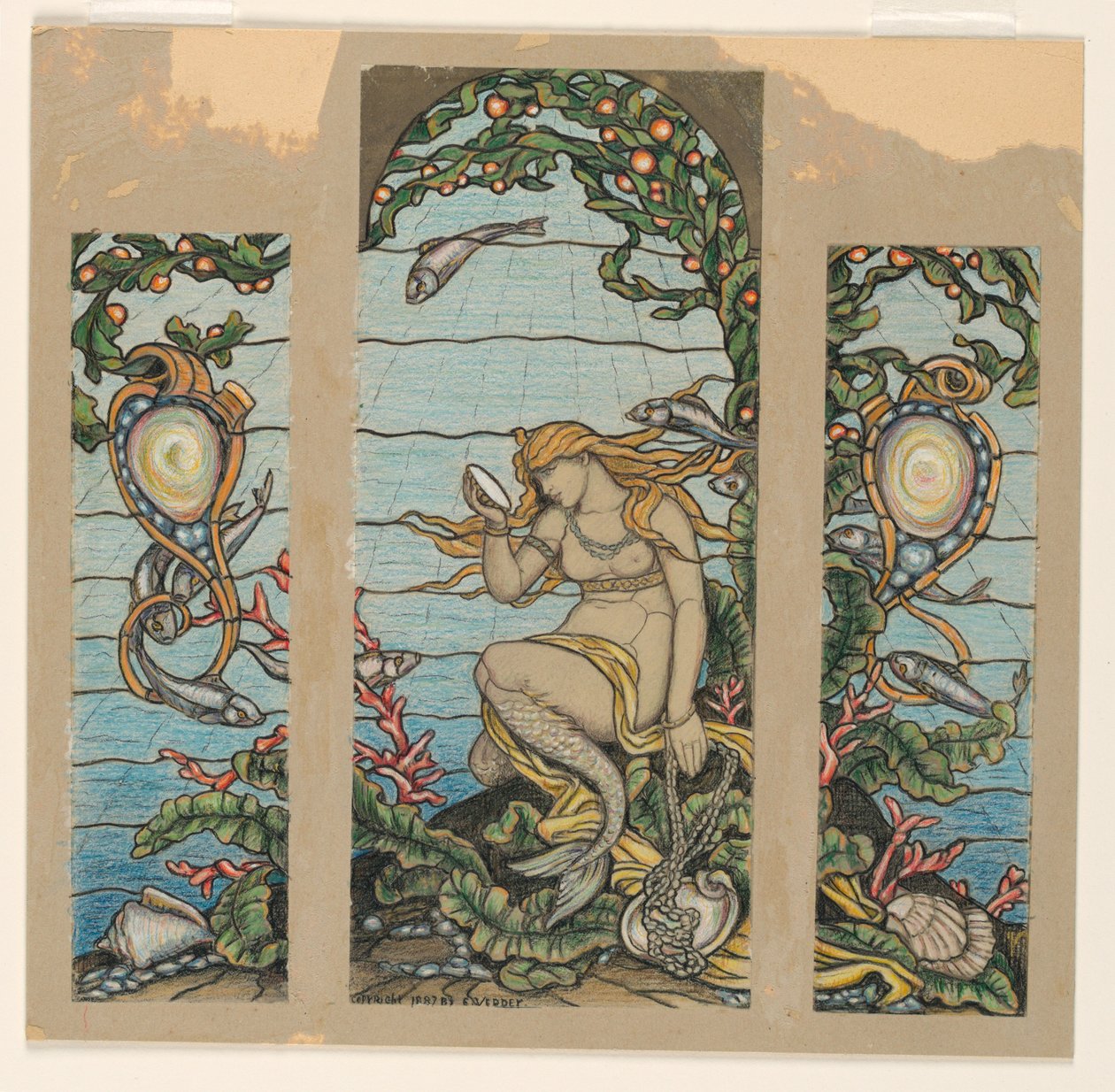 Dibujo, Diseño de vidriera, The Mermaid Window, para la residencia A.H. Barney, Nueva York, NY, 1882 de Elihu Vedder