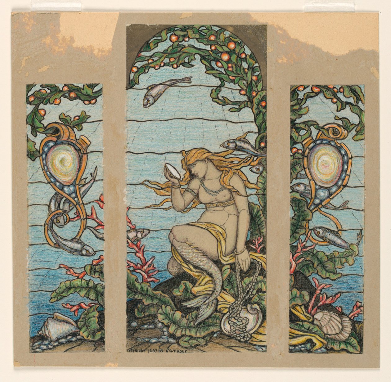 Dibujo, "La ventana de la sirena", Diseño de vidriera para la residencia de A.H. Barney, Nueva York, 1882 de Elihu Vedder