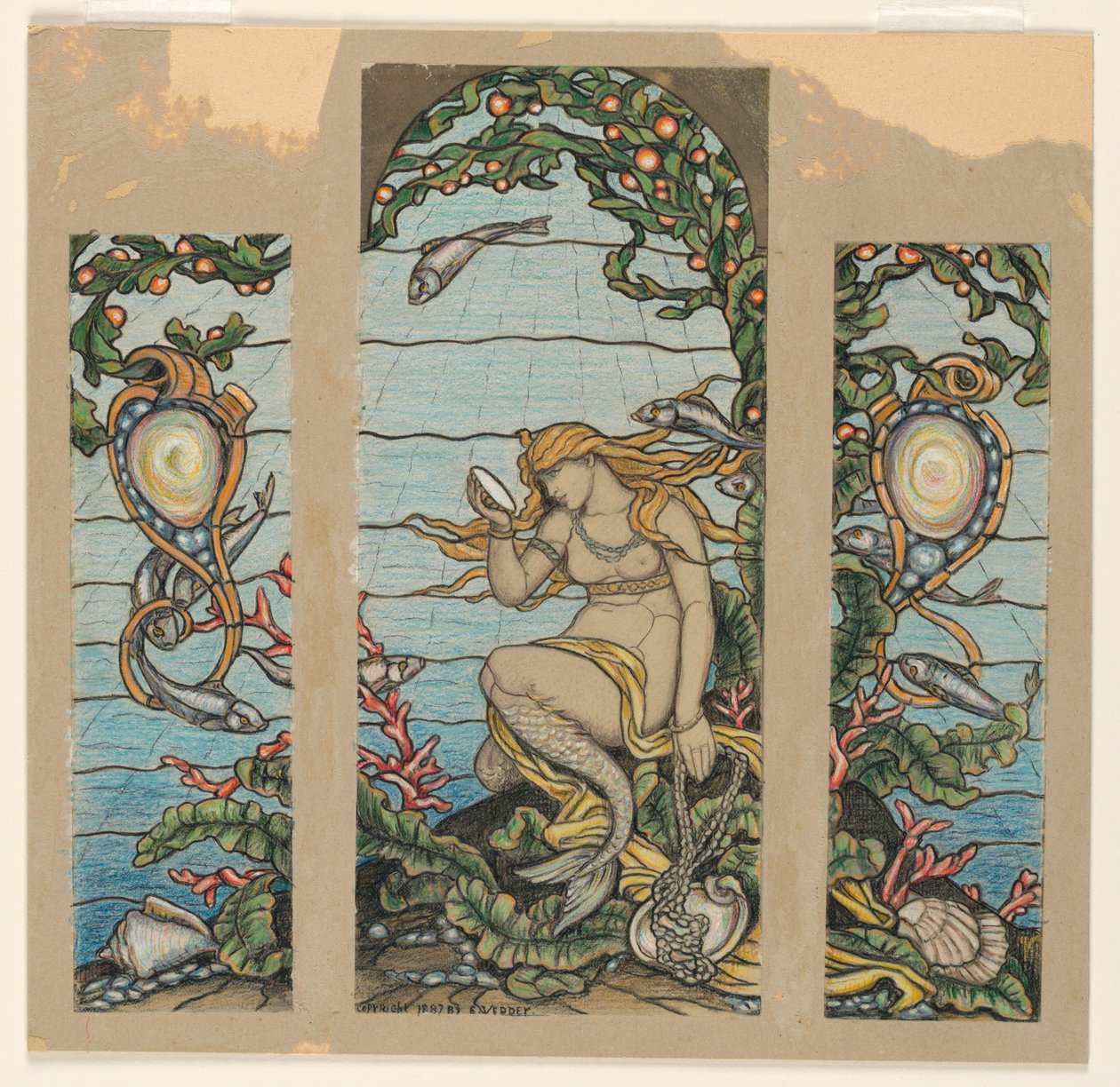 Dibujo, "La ventana de la sirena", Diseño de vidriera para la residencia de A.H. Barney, Nueva York, 1882 de Elihu Vedder