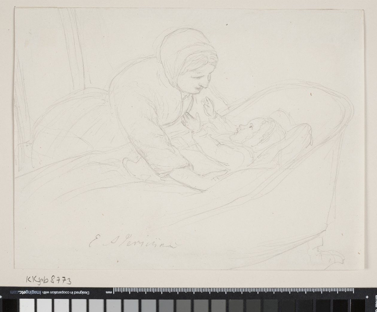 Madre levantando a un niño de la cuna de Elisabeth Jerichau Baumann