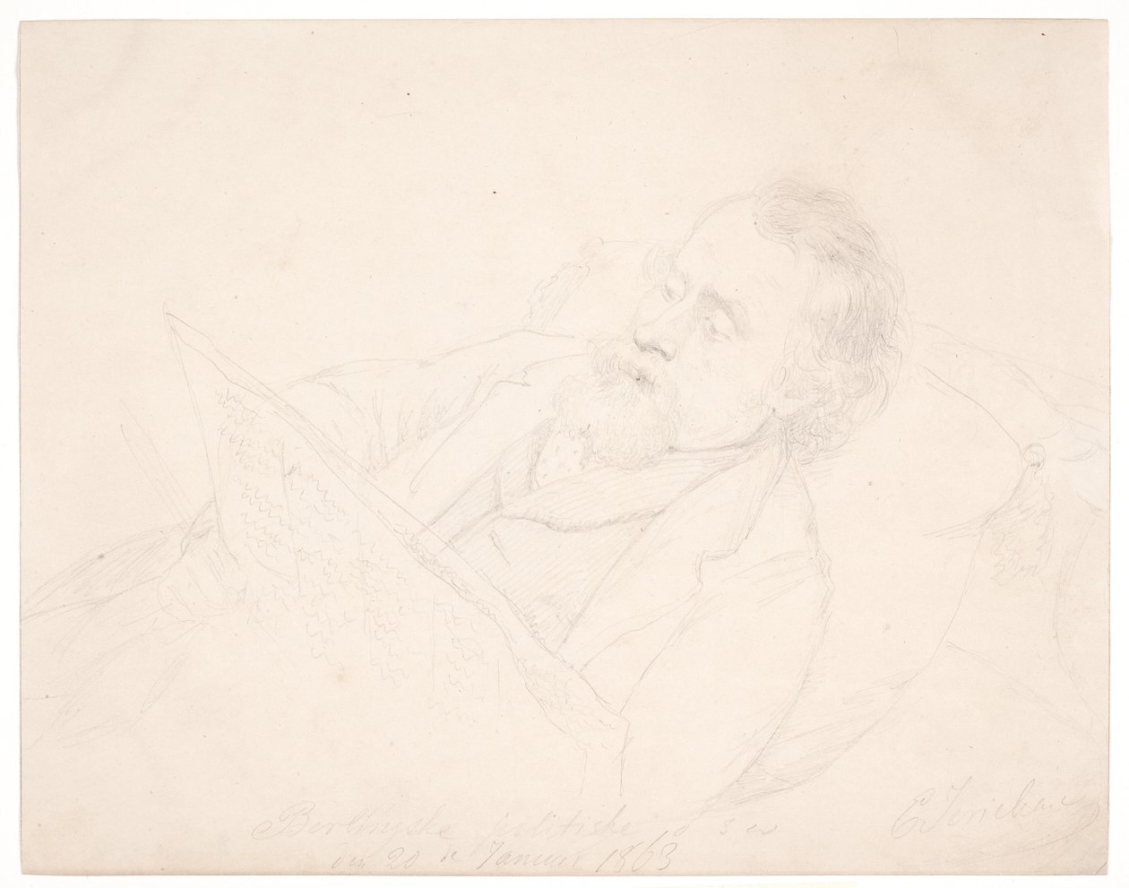 Estudio de retrato de J. A. Jerichau acostado en un sofá leyendo un periódico de Elisabeth Jerichau Baumann