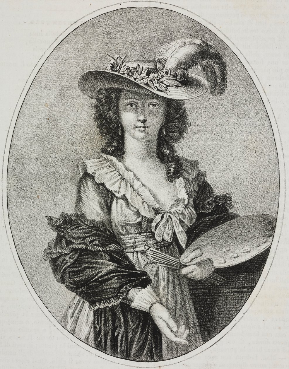 Autorretrato con paleta, de la pintora francesa Elisabeth Vigee Le Brun, litografía de Giovanni Mariani del Poliorama Pittoresco, n 42, 28 de mayo. de Elisabeth Louise (after) Vigee Lebrun