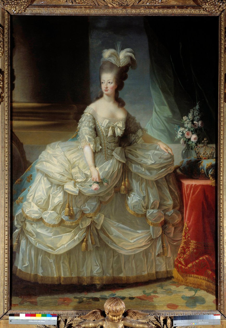 Retrato de María Antonieta, Reina de Francia (1755-1793) con traje de corte y una rosa en la mano de Elisabeth Louise Vigee Lebrun