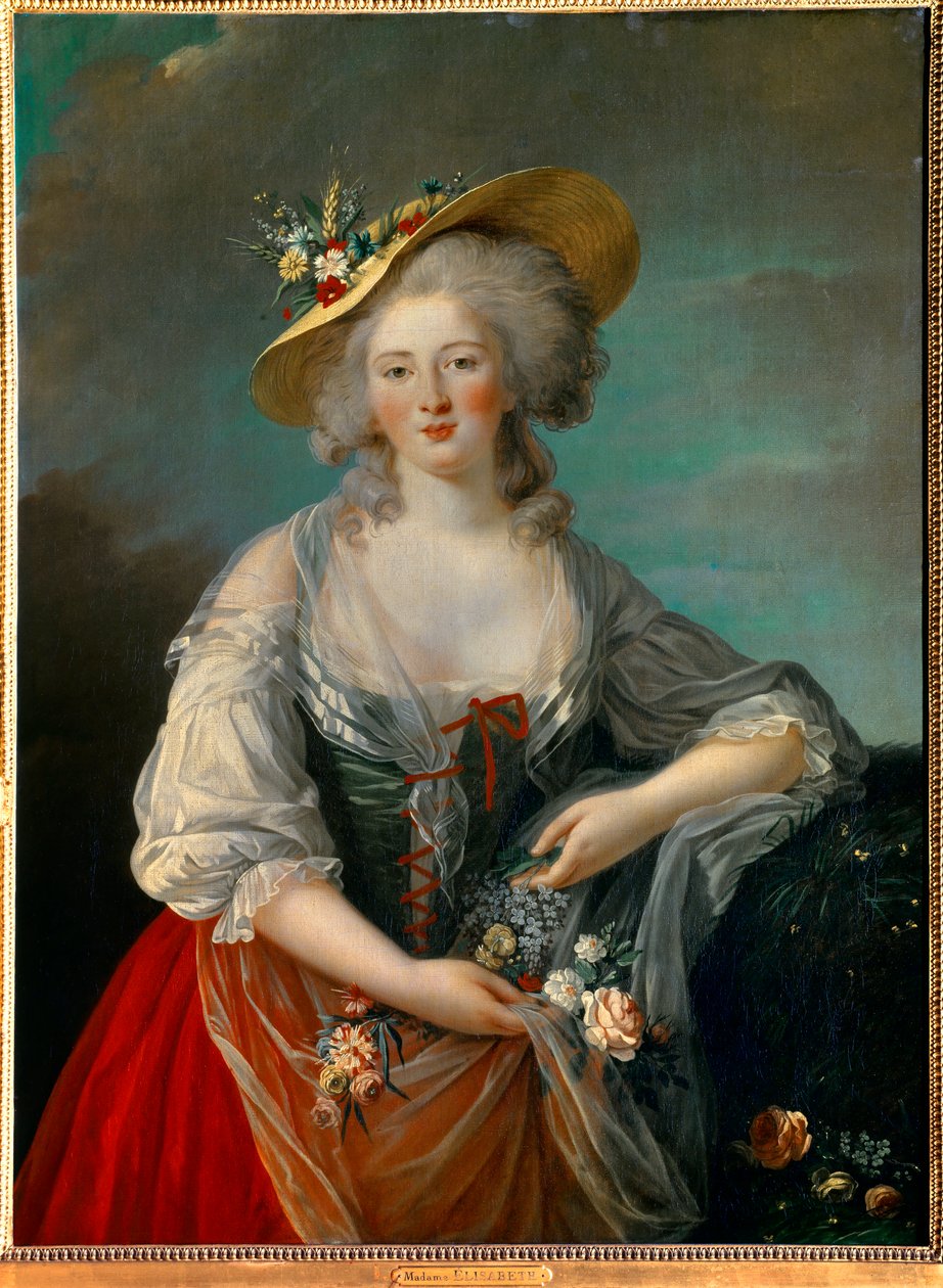 Retrato de Elisabeth Philippine Marie Helene de Francia conocida como Madame Elisabeth (1764-1794), hermana de Luis XVI representada en 1782, en un traje campestre presentando flores de Elisabeth Louise Vigee Lebrun