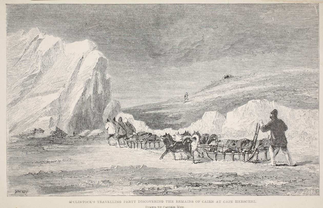 El grupo de viaje de McClintock descubriendo los restos de Cairn en el cabo Herschel, ilustración de 