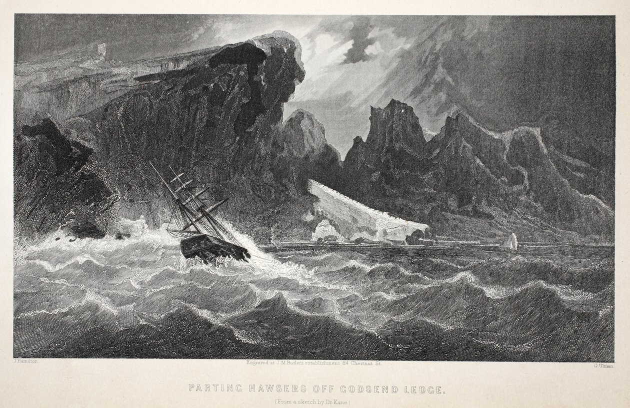 Despedida de amarras en Godsend Ledge, ilustración de La segunda expedición Grinnell en busca de Sir John Franklin, 1856 de Elisha Kane
