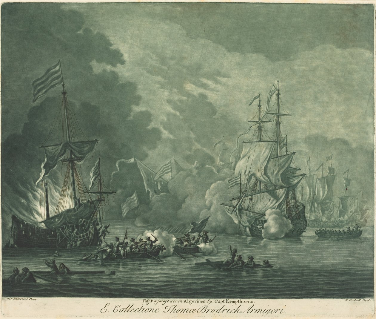 Lucha contra siete argelinos de Elisha Kirkall after Willem van de Velde the Elder
