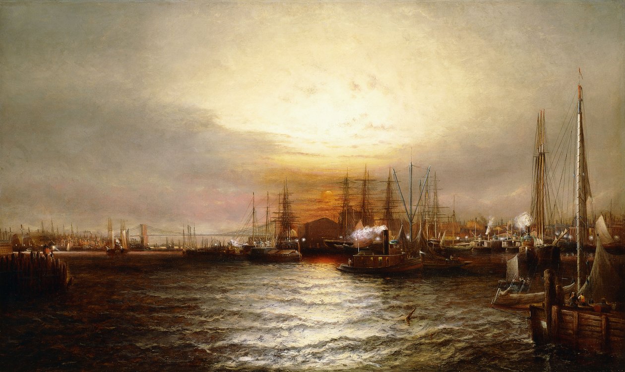 Amanecer desde el muelle Chapman y el viejo astillero de Brooklyn, East River, Nueva York de Elisha Taylor Baker