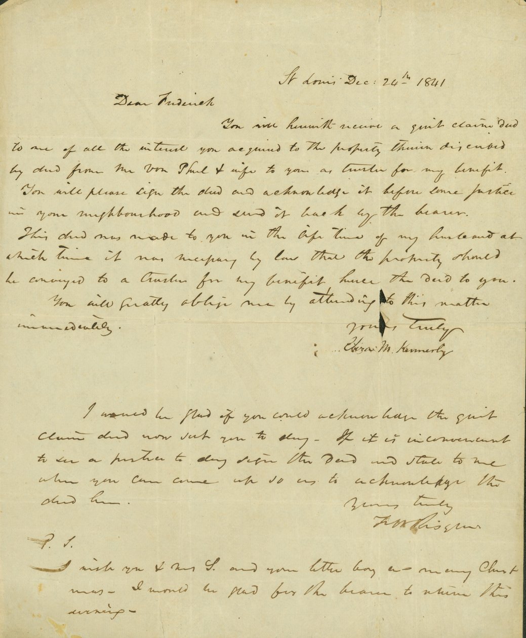 Carta a Frederick Saugrain de Eliza Kennerly, 24 de diciembre de 1841 de Eliza Kennerly