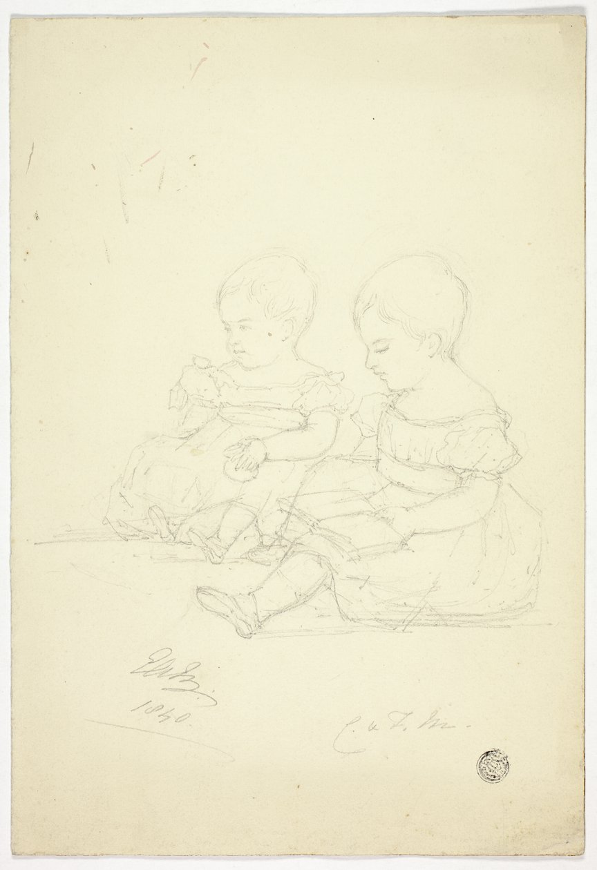 Dos Niñas Sentadas (recto), una Naturaleza Muerta y Dos Animales (verso) de Elizabeth Murray