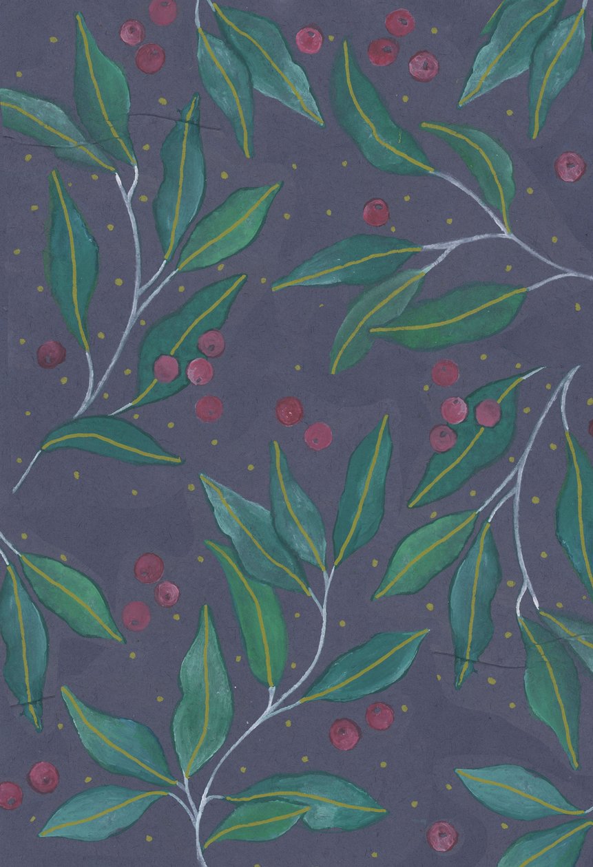 Hojas verdes con bayas, 2017 (acuarela y acrílico) de Elizabeth Rider