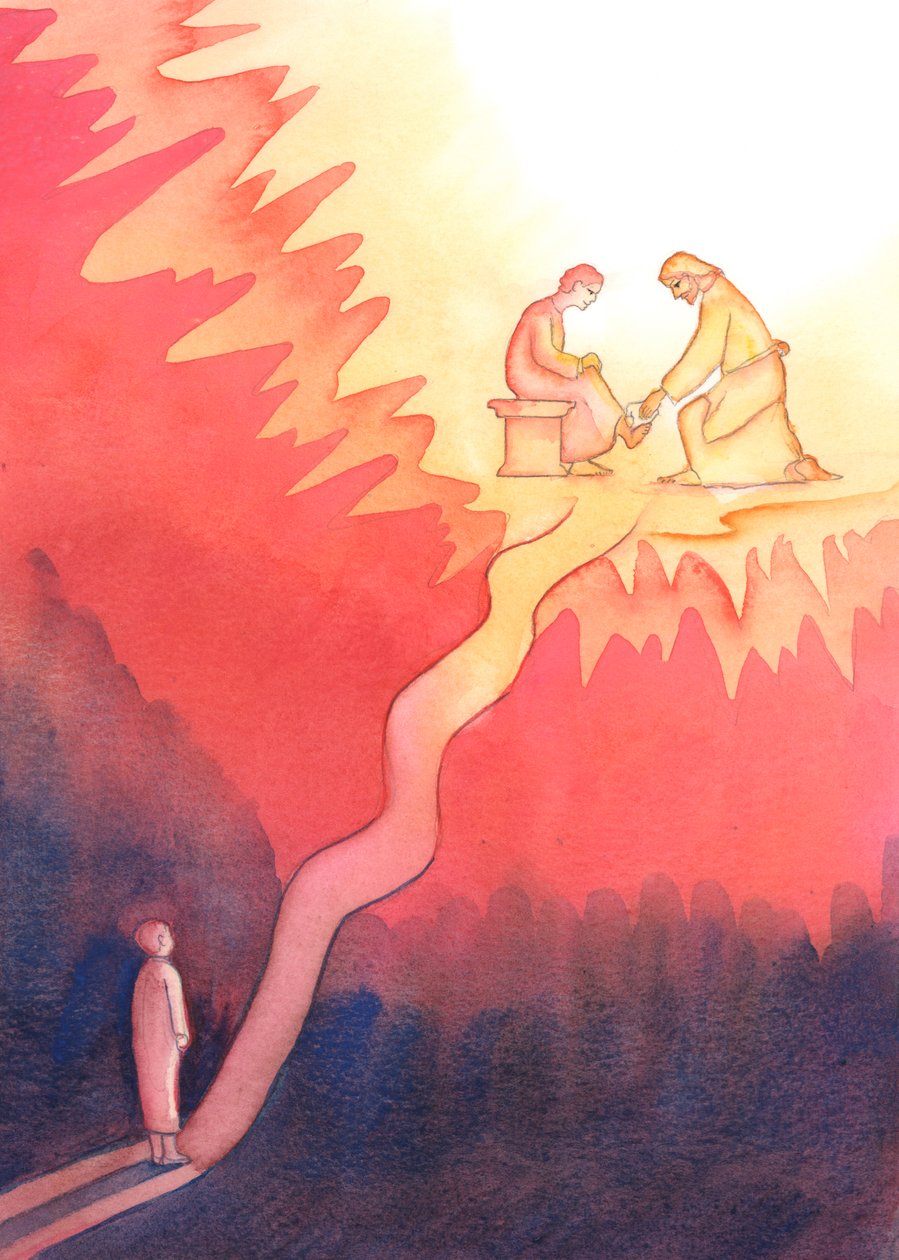 Una persona que, por amor a Dios, ama y sirve a su prójimo, camina un camino difícil hacia el Cielo, con subidas empinadas. de Elizabeth Wang