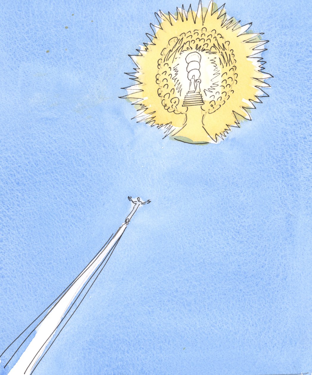 Un alma liberada del Purgatorio se eleva como un cohete hacia el distante 