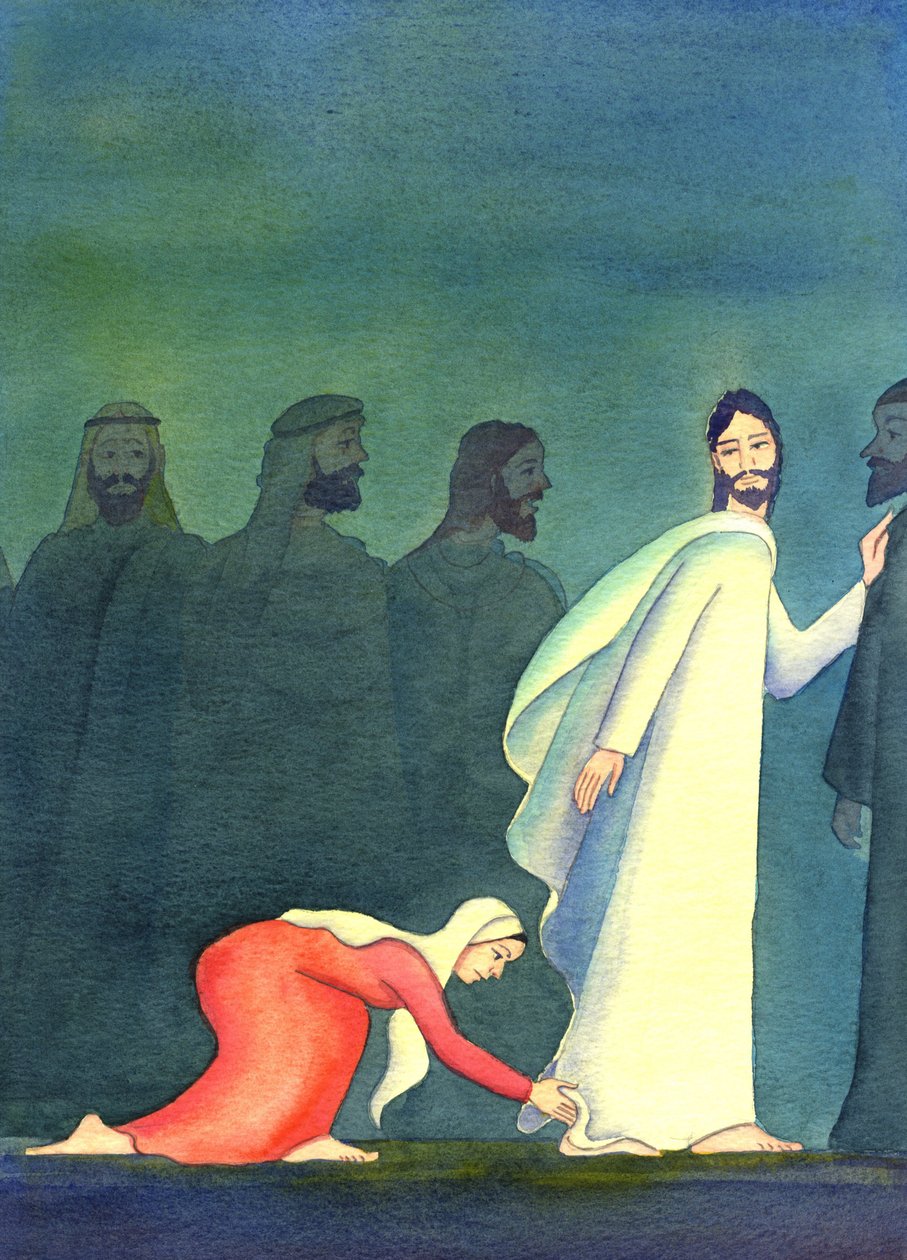 Una mujer pensó para sí misma, "Si tan solo puedo tocar el borde de su manto, seré sanada", 2001 de Elizabeth Wang