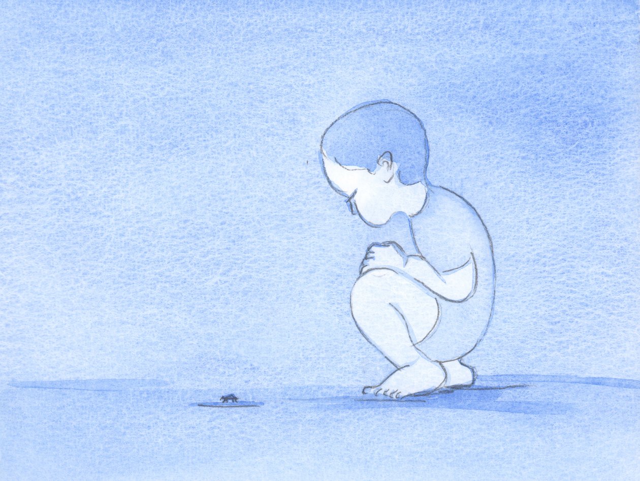 Todas las criaturas extrañas, como el insecto que este niño observa, fueron hechas por la generosidad de Dios y para el deleite del hombre; sin embargo, ahora, somos imperfectos y la naturaleza está desordenada de Elizabeth Wang