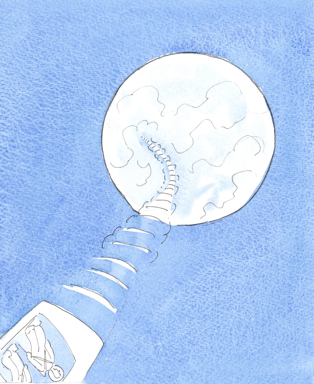 Un astronauta que mira hacia atrás, hacia la tierra que ha dejado, puede ver las cosas en su perspectiva correcta, ver lo que era importante para el vuelo y lo que causaba preocupaciones innecesarias, 2005 (acuarela sobre papel) de Elizabeth Wang