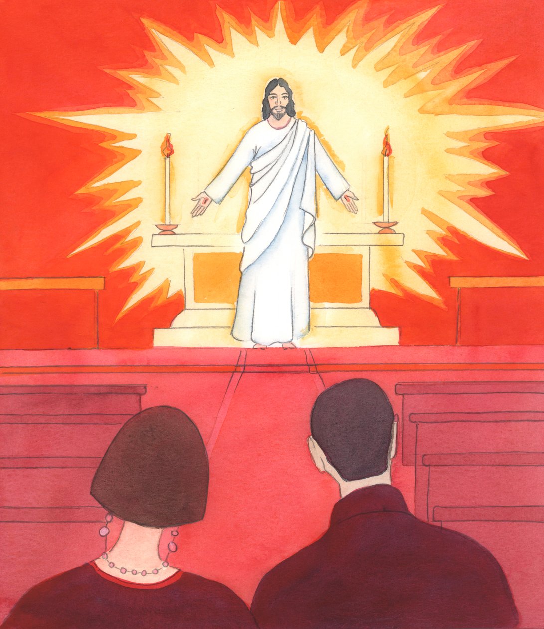 Cristo me pidió que dijera a otras personas: "Si pudieras ver a Jesús en el santuario, observándote, mientras entras, ¿harías mejores genuflexiones", 2005 (acuarela sobre papel). de Elizabeth Wang
