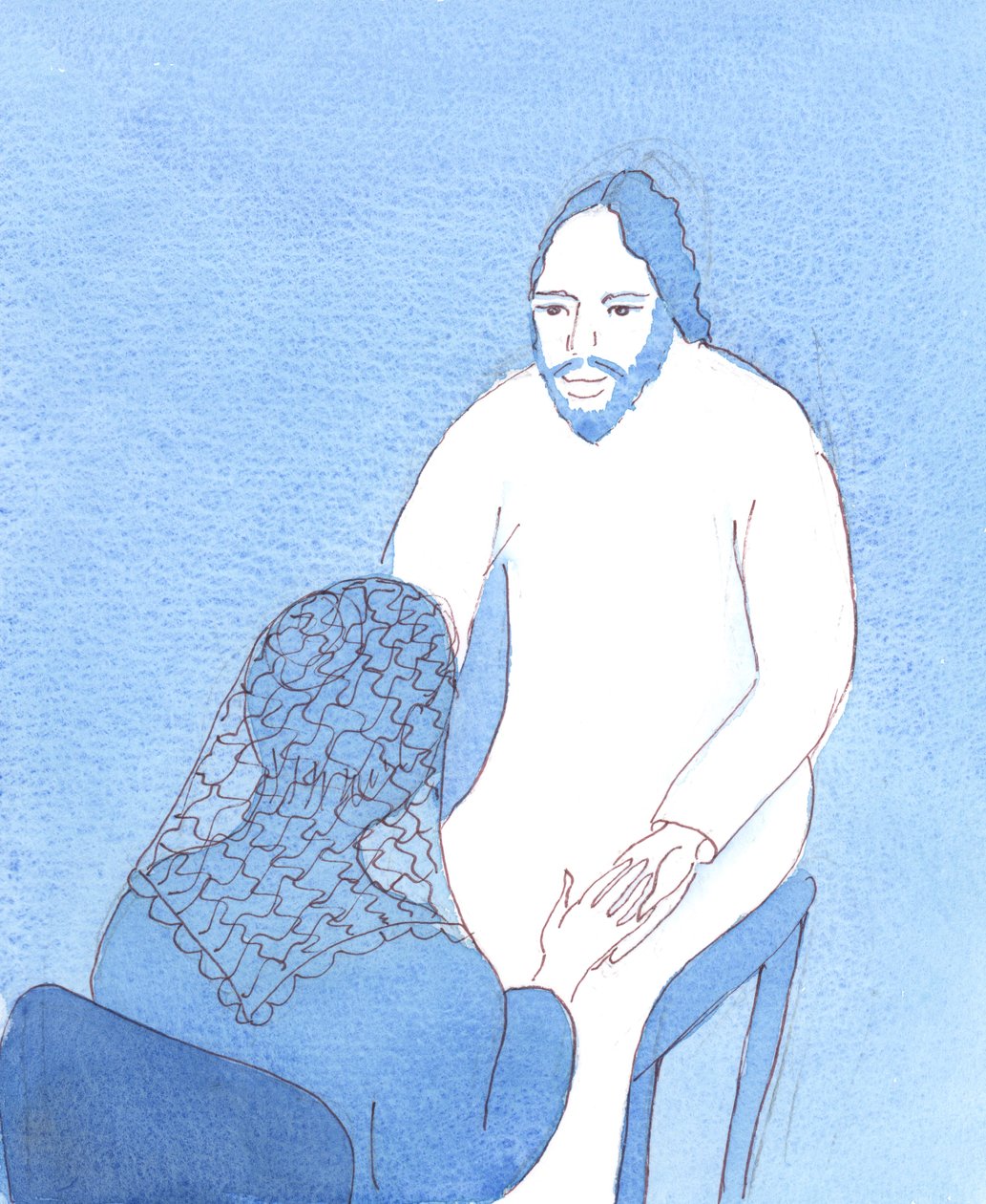 Cristo está realmente presente con nosotros en el Santísimo Sacramento. Estamos tan cerca de Él, en la Sagrada Comunión, como lo estaban sus amigos, cuando se sentaron junto a Él en Galilea, 2005 (acuarela sobre papel) de Elizabeth Wang