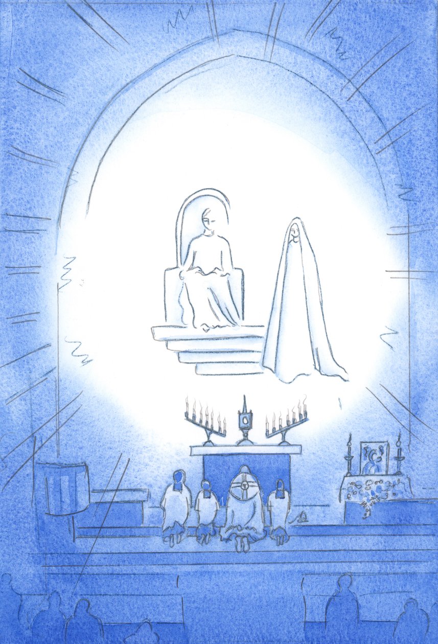 Cristo está entronizado sobre nosotros, en gloria, en nuestra Novena y Bendición, que es como una fiesta celestial. Nuestra madre María está alegremente cerca de Elizabeth Wang
