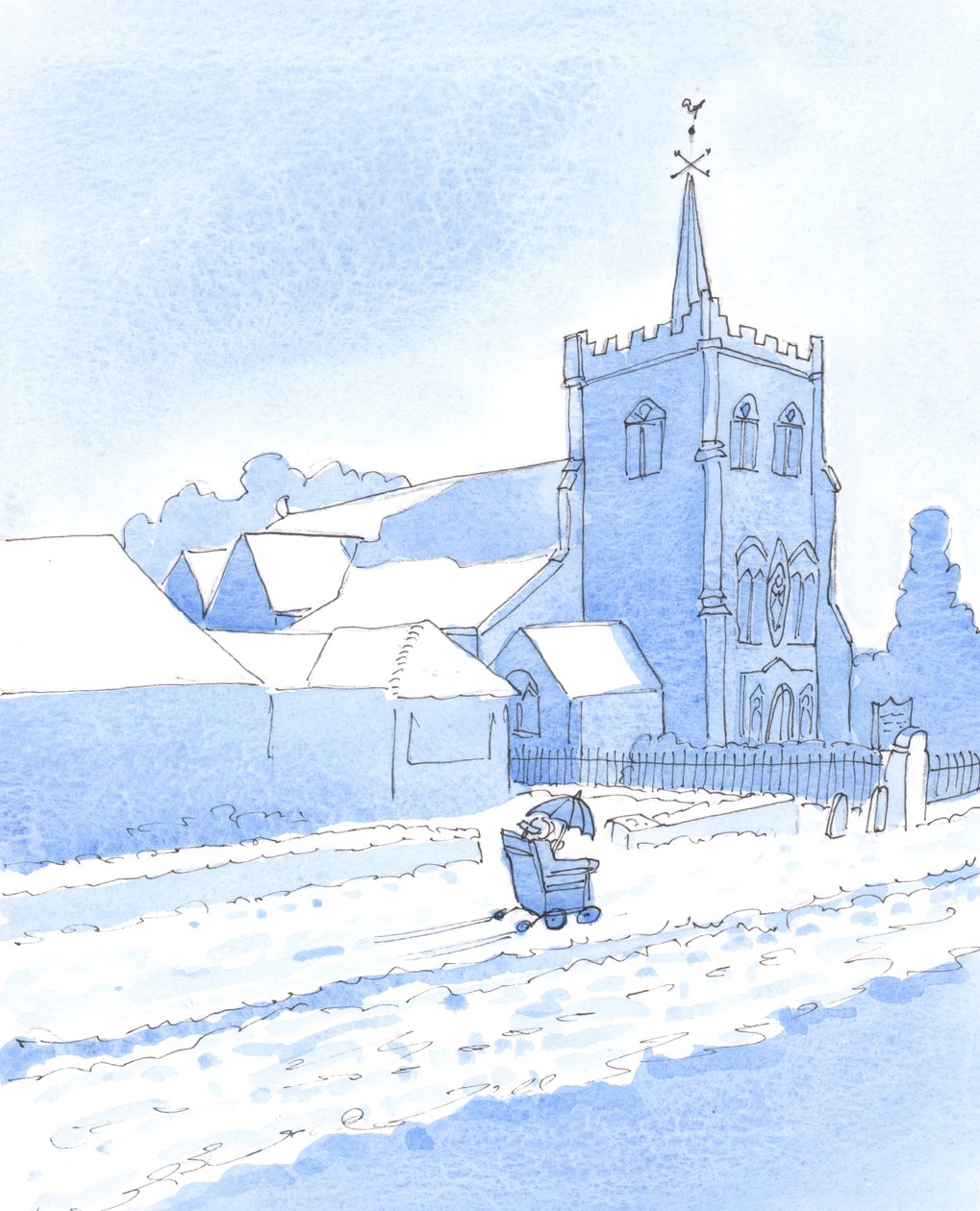 Cristo se complace cuando hacemos grandes esfuerzos para asistir a Misa y recibirle en la Sagrada Comunión, incluso luchando contra la nieve y circunstancias difíciles para llegar a la iglesia, 2005 (acuarela sobre papel). de Elizabeth Wang