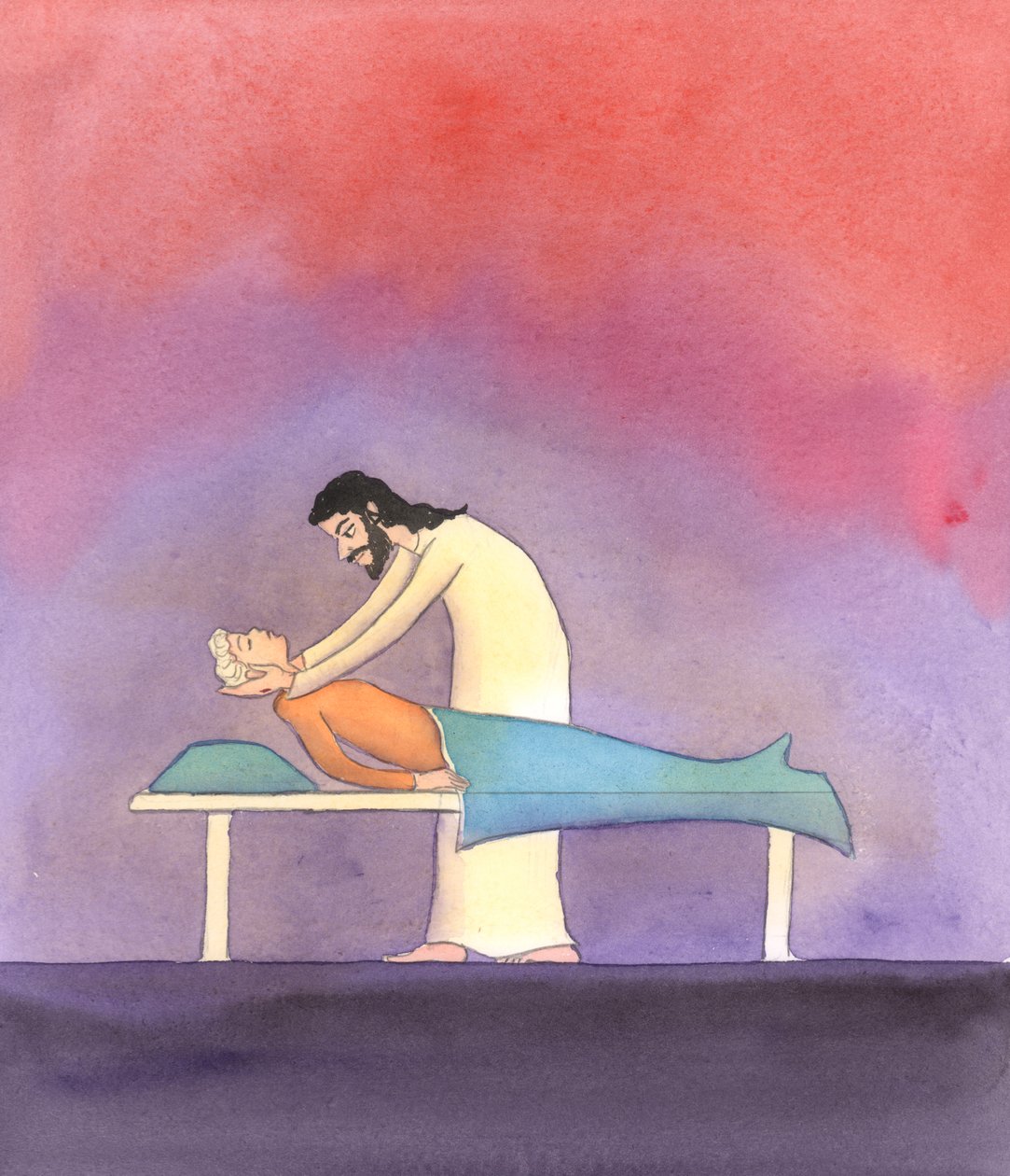 Cristo nos mira a todos con gran ternura y amor; pero ayuda con especial cuidado a los que están demasiado enfermos o débiles para dedicar mucho tiempo a la oración, 2005 (acuarela sobre papel) de Elizabeth Wang