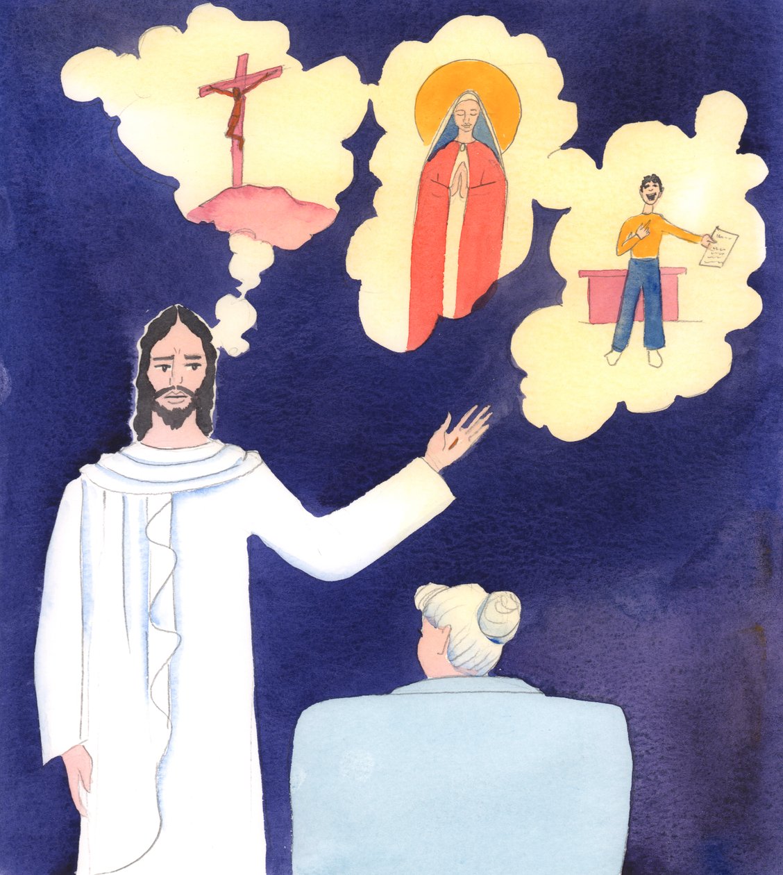 Cristo me dijo lo poco que mencionan la Cruz los predicadores y maestros de hoy: la Cruz en la que Él sufrió a causa de los pecados graves ya no se menciona, 2005 (acuarela sobre papel) de Elizabeth Wang