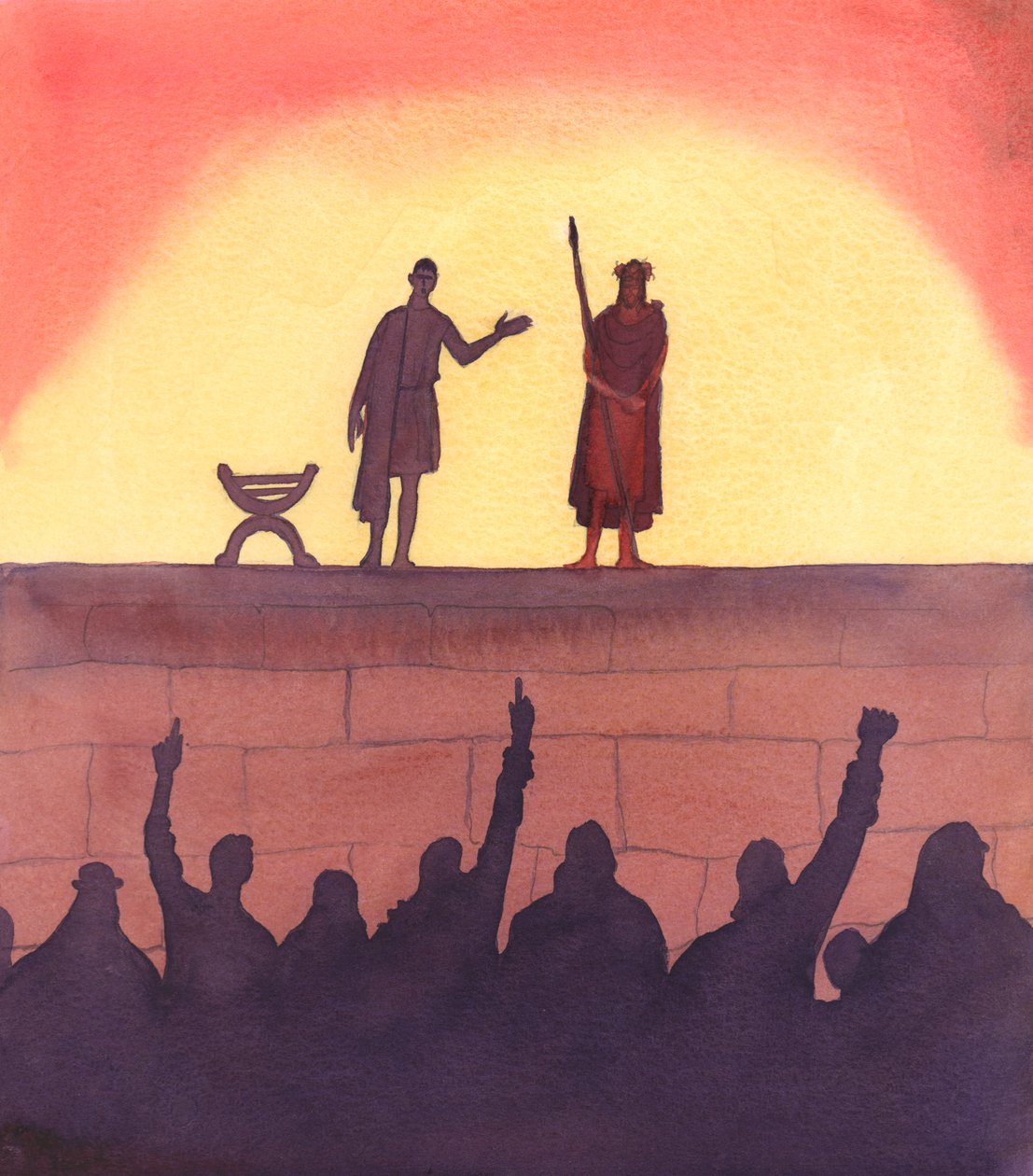 Cristo fue paseado por sus captores ante multitudes burlonas; sin embargo, aceptó sin odio ni impaciencia el trato humillante que recibió a causa de sus palabras, 2005 (acuarela sobre papel) de Elizabeth Wang