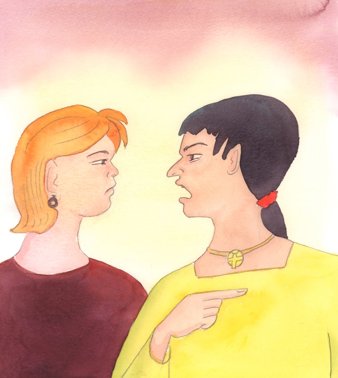 Incluso muchos católicos refunfuñan y se quejan cuando se les pide que soporten cosas dolorosas o inconvenientes, 2005 (acuarela sobre papel) de Elizabeth Wang