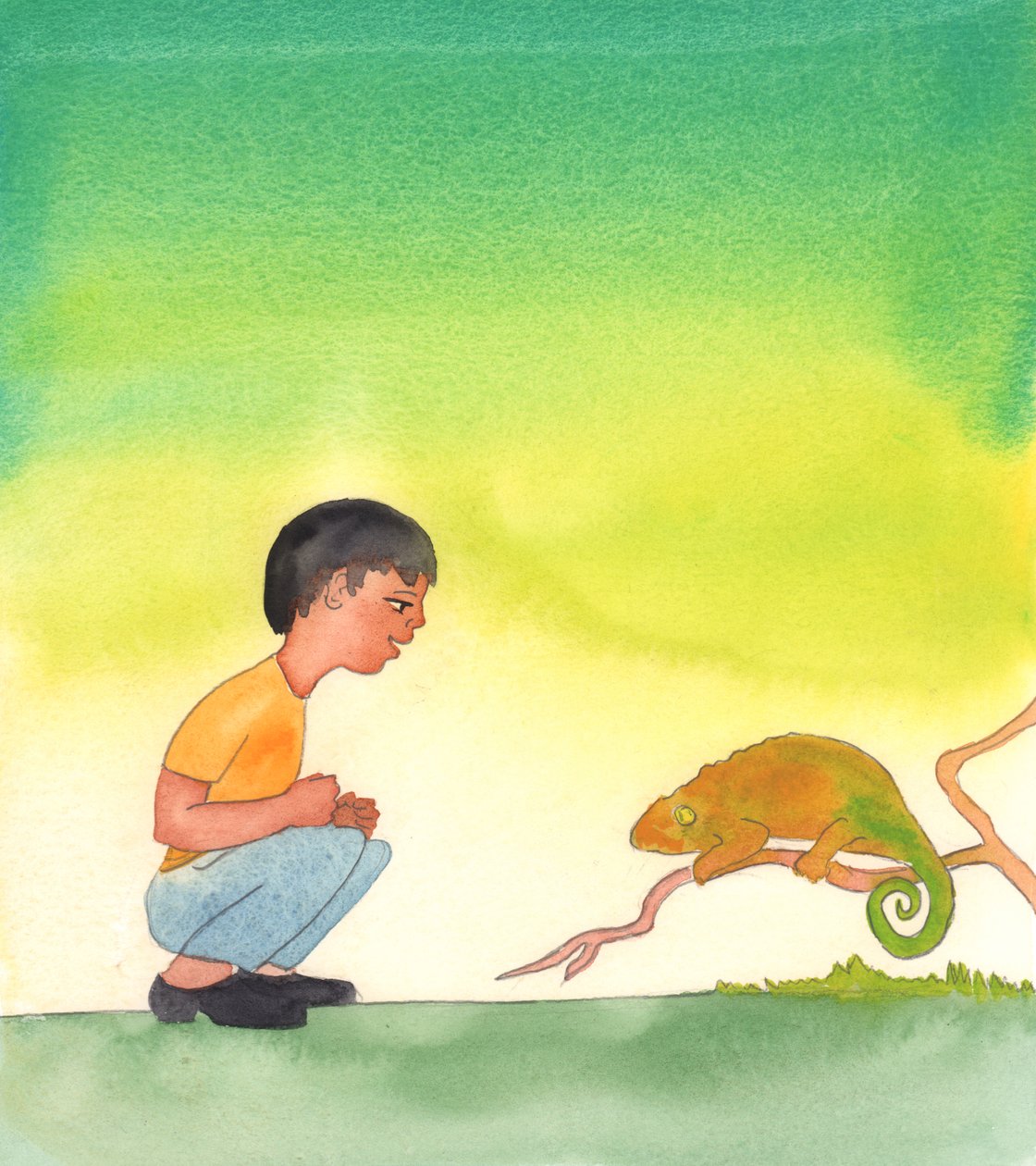 Dios, que puede obrar un cambio asombroso en un camaleón, que puede cambiar de color, puede obrar el cambio asombroso -en la Sagrada Eucaristía- de que el pan y el vino se conviertan en el Sagrado Cuerpo y la Sagrada Sangre de Cristo, 2005 (acuarela sobre  de Elizabeth Wang