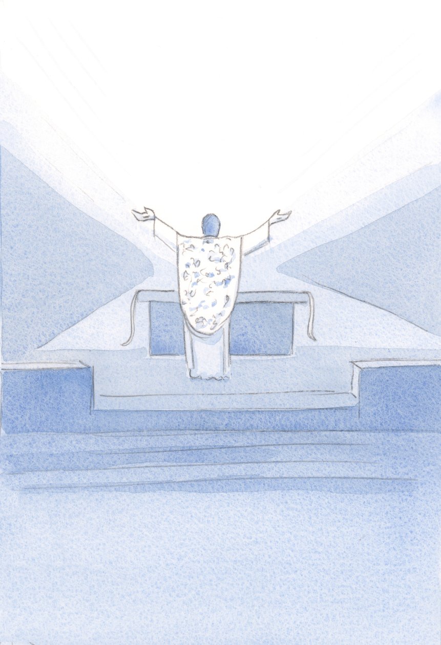 Vi a Cristo, después de la Consagración. Estaba ante el altar, con las manos levantadas, orando Sus oraciones sacerdotales (también nuestras) al Padre. de Elizabeth Wang