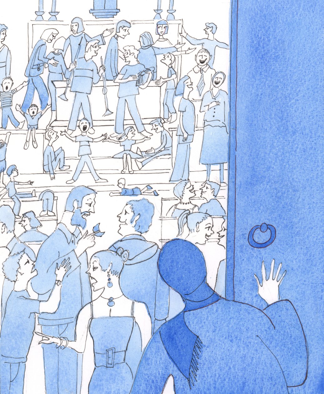 Si personas de otra religión contemplaran algunas de nuestras ruidosas iglesias, ¿creerían -preguntó Cristo- que nuestra afirmación es cierta: que Cristo, nuestro Dios, es adorado y está presente allí, 2005 (acuarela sobre papel). de Elizabeth Wang