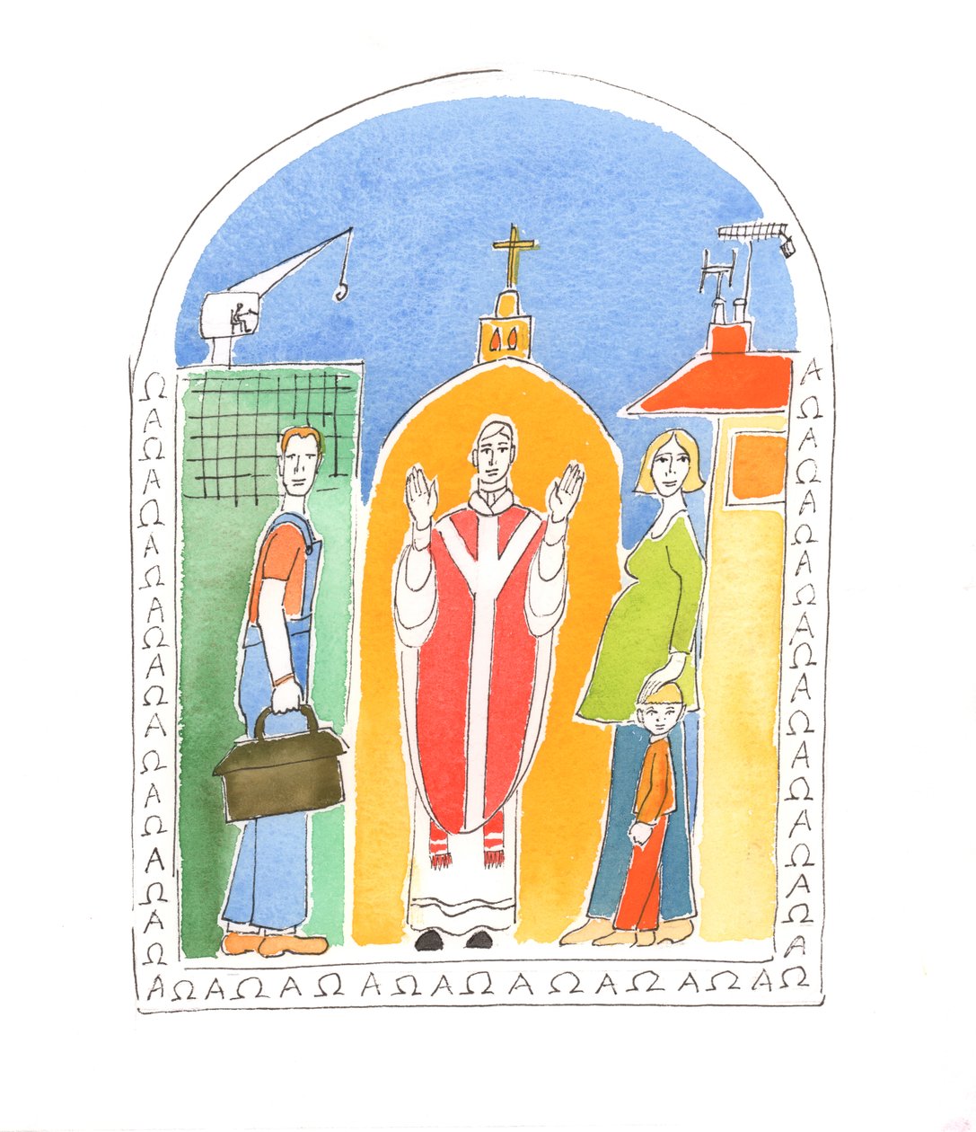 En nuestra vida diaria, las personas que realizan sus tareas cotidianas por amor a Cristo, son mantenidas a su cuidado, cerca de Él, ayudadas a crecer en santidad por su Comunión con Él, 2005 (acuarela sobre papel) de Elizabeth Wang