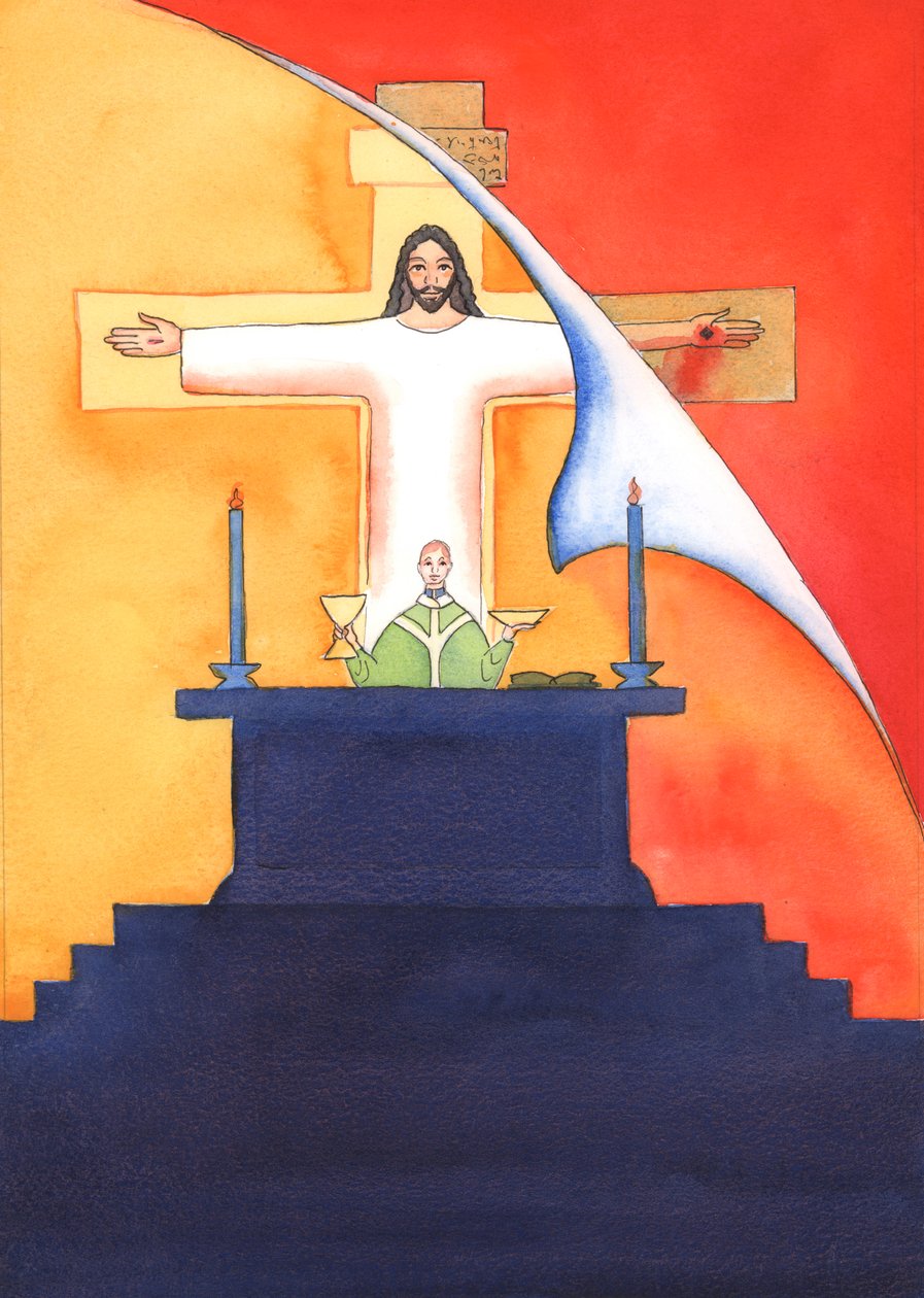 Jesús está presente con nosotros en la Misa, orando al Padre en nuestro nombre, por ayuda en nuestras necesidades y por la salvación eterna. Podemos unir todas nuestras oraciones con su gran oración sacrificial, 2004 de Elizabeth Wang